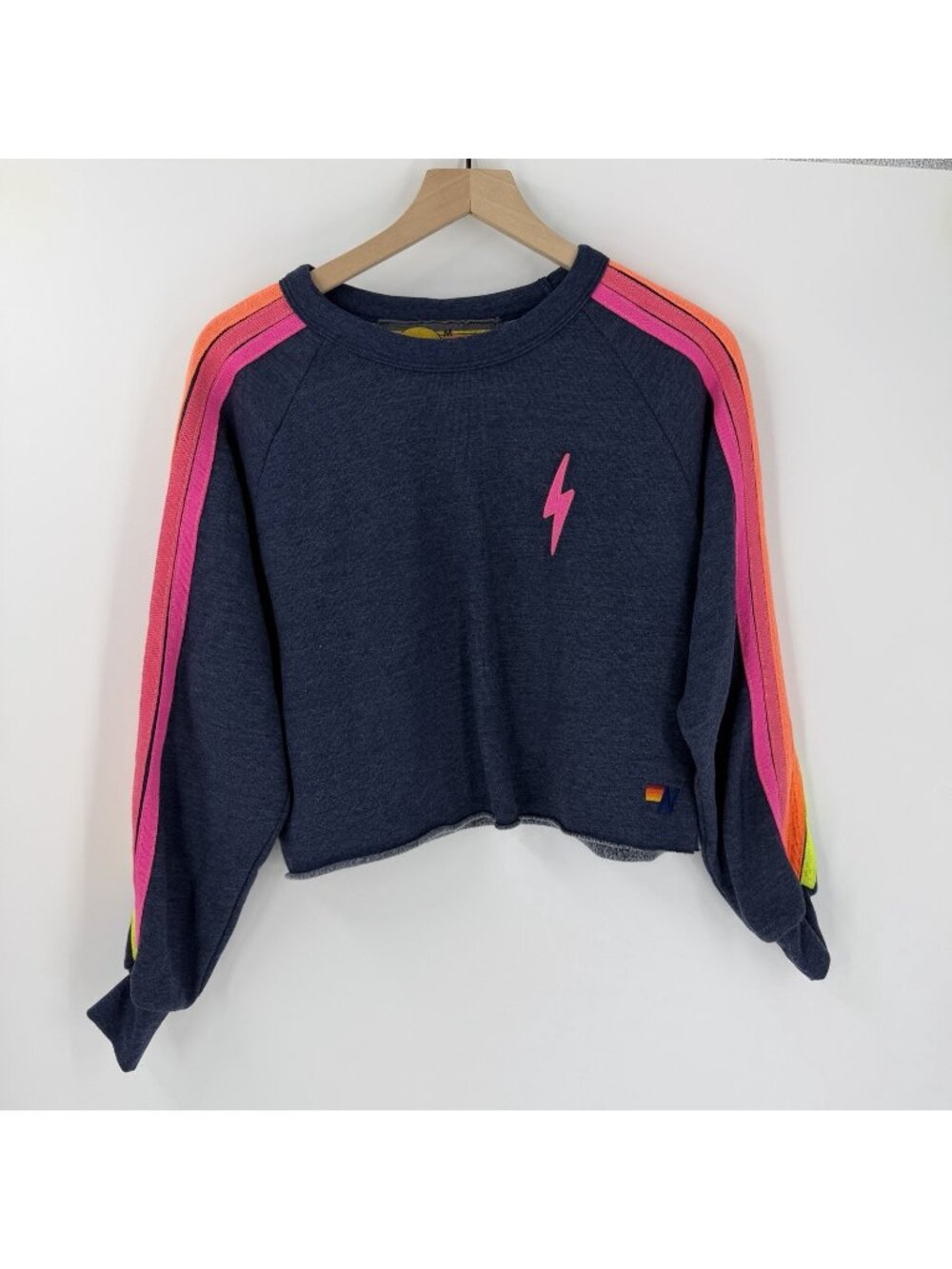 Aviator Nation Bolt Cropped Classic Crewneck Sweatshirt Heather Navy Stripes M
